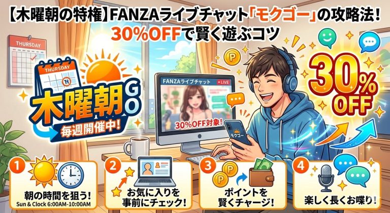 【木曜朝の特権】FANZAライブチャット「モクゴー」の攻略法！30%OFFで賢く遊ぶコツ